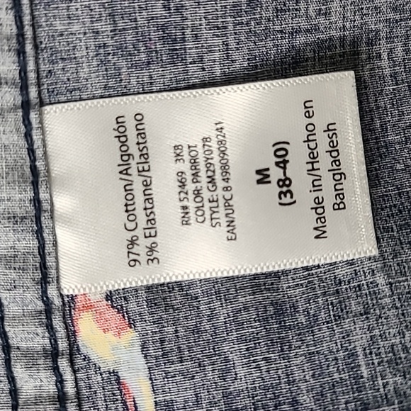 Shirt Size Medium Short Sleeve Blue Cotton Stretch Parrot Print Slim Fit Palm - Picture 7 of 7